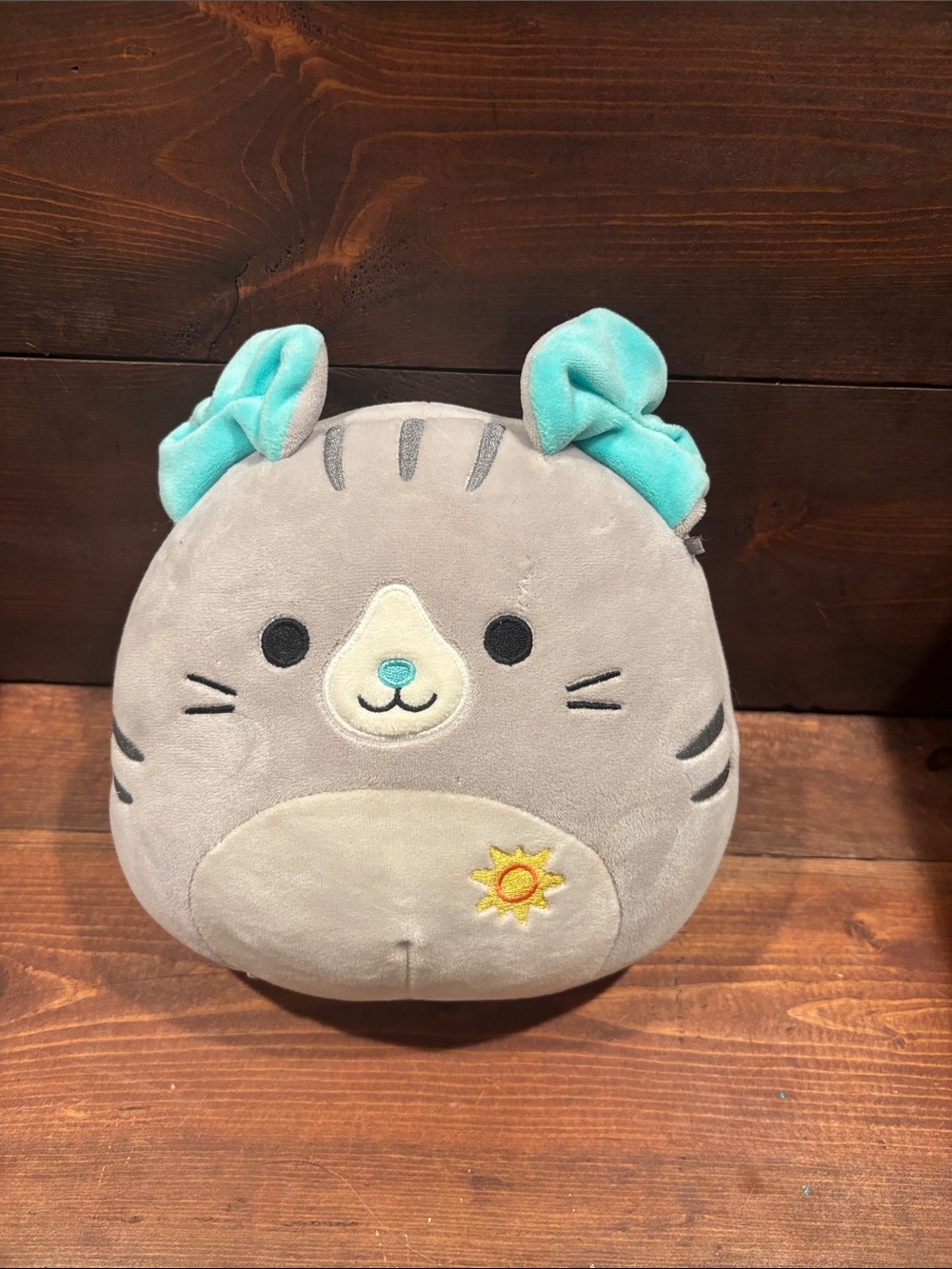 Gray Plush Cat Pillow with Teal Bow Accent 7”